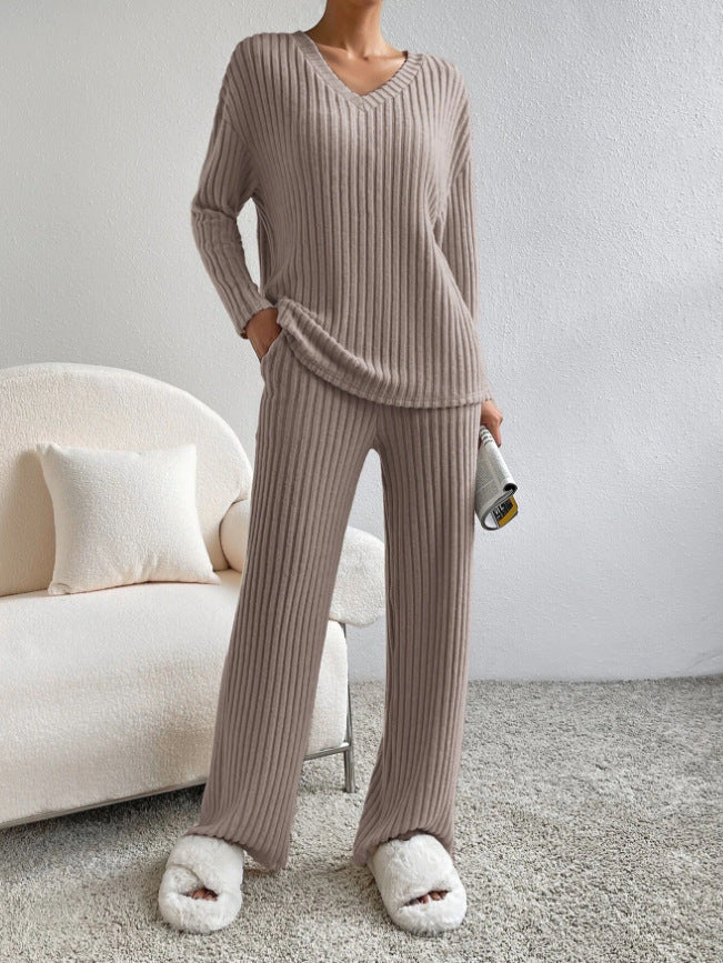 Fashion Solid Striped Suit V-neck Long-sleeved Top And Casual Straight Pants Loose Temperament Women's Clothing