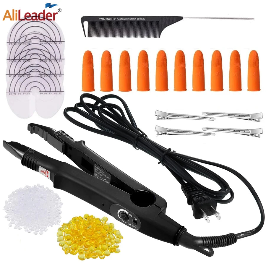 Pro Hair Extensions Tools Fusion Heat Iron Connector Wand Melting Tool Set Italian Keratin Glue Hair Clips Finger Protector Comb