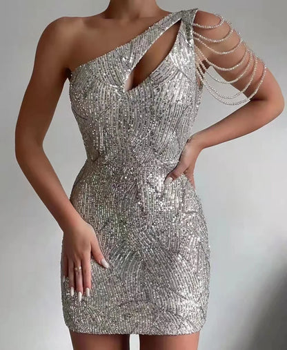 Partysix New Vintage Silver Sequin Evening Dresss Women Sexy Bodycon Dress Short Party Prom Dress