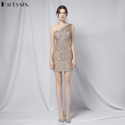 Partysix New Vintage Silver Sequin Evening Dresss Women Sexy Bodycon Dress Short Party Prom Dress