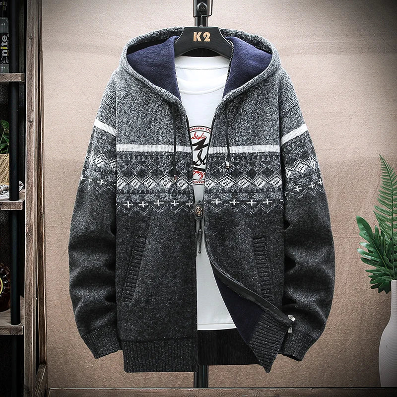 Men's New Winter Plaid Sweater Hooded Cardigan Cold Coat Wool Zipper Jacket Autumn Fleece Warm Clothes Checkered Knit Jumper