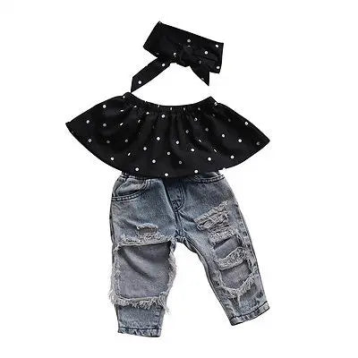 New Fashion Toddler Baby Girls Clothes Black Blouse Top Hole Casual Denim Pants Outfits Set