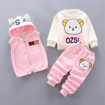 Baby Boys And Girls Clothing Set Tricken Fleece Children Hooded Outerwear Tops Pants 3PCS Outfits Kids Toddler Warm Costume Suit