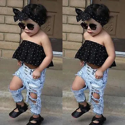 New Fashion Toddler Baby Girls Clothes Black Blouse Top Hole Casual Denim Pants Outfits Set