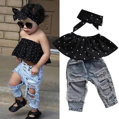 New Fashion Toddler Baby Girls Clothes Black Blouse Top Hole Casual Denim Pants Outfits Set