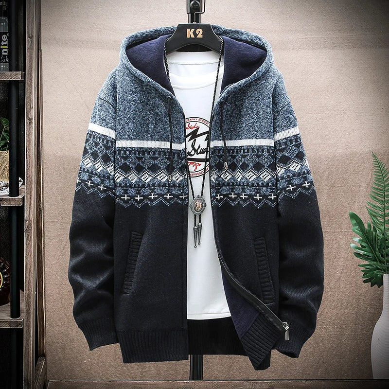 Men's New Winter Plaid Sweater Hooded Cardigan Cold Coat Wool Zipper Jacket Autumn Fleece Warm Clothes Checkered Knit Jumper