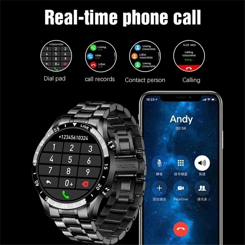 LIGE Luxury Full Circle Touch Screen Men Smart Watch Bluetooth Call Steel Band Waterproof Sports Fitness Watch For Android IOS