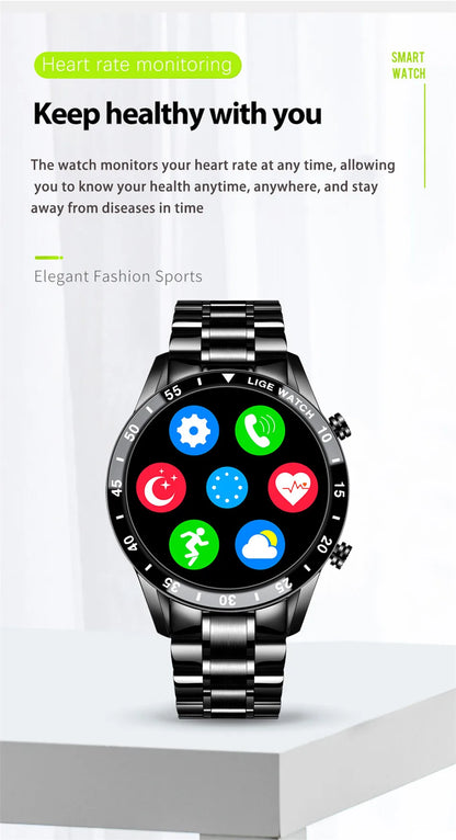 LIGE Luxury Full Circle Touch Screen Men Smart Watch Bluetooth Call Steel Band Waterproof Sports Fitness Watch For Android IOS