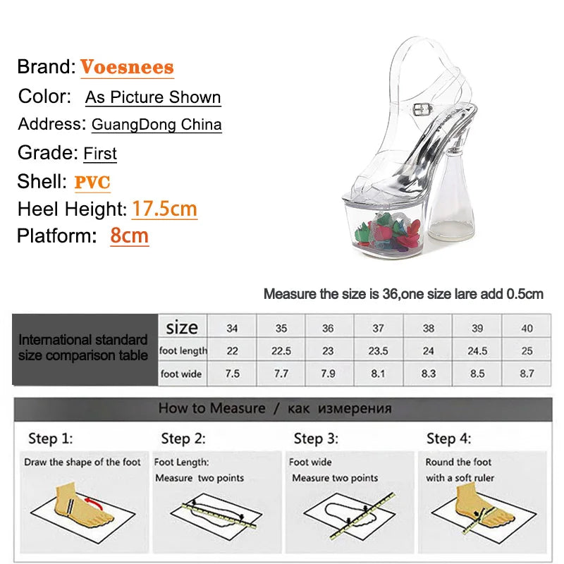 Voesnees Sexy Models 17.5CM Super High Heels 8CM Transparent Platform Women Sandals PVC Female Crystal Wedding Shoes Big Size 43