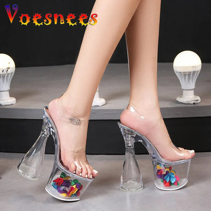 Voesnees Sexy Models 17.5CM Super High Heels 8CM Transparent Platform Women Sandals PVC Female Crystal Wedding Shoes Big Size 43