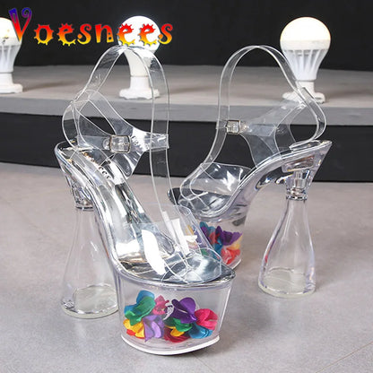 Voesnees Sexy Models 17.5CM Super High Heels 8CM Transparent Platform Women Sandals PVC Female Crystal Wedding Shoes Big Size 43