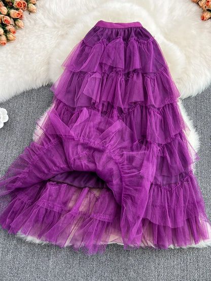 TIGENA Tutu Tulle Long Skirts Womens 2023 Autumn Korean Solid A Line High Waist Mesh Tiered Maxi Skirt Female Faldas Aesthetic