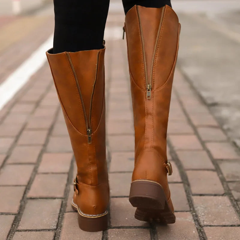 Women Knee High Boots Fashion Low Heels Square Platform Long Boots Brown Black Leather Zip Winter Women Warm Shoes Booties 69m