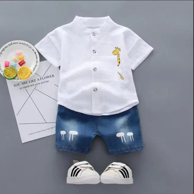 New Summer  Hot Sale Toddler Kids Baby Boys Shirt Cartoon Tops Denim Shorts Pants Outfits Set Baby Clothes