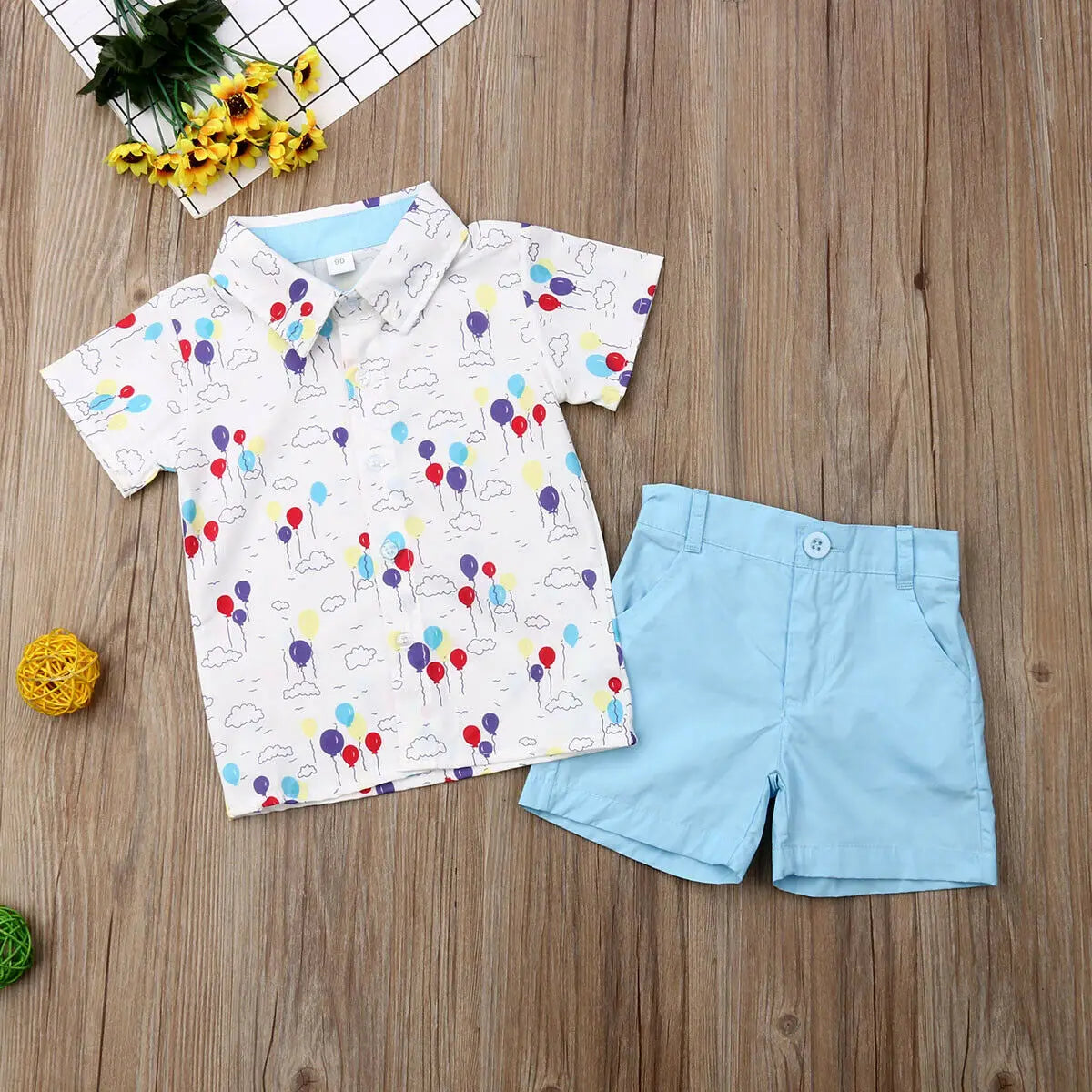 2019 Baby Summer Clothing Toddler Baby Boy Formal Suit Flower Dress Shirt+Shorts Bottoms Outfits Balls Print 2Pcs Clothes 1-6Y