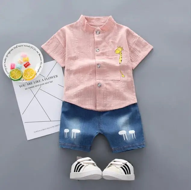 New Summer  Hot Sale Toddler Kids Baby Boys Shirt Cartoon Tops Denim Shorts Pants Outfits Set Baby Clothes