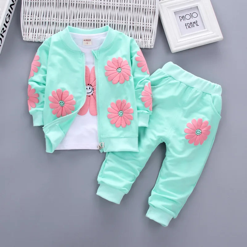 Spring Autumn Baby Girl Cotton Sport Suit Toddler Kids Clothes Children Infant Flowers Hoodies Jacket Trousers Pant Casual Set