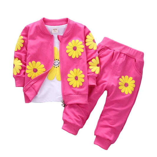 Spring Autumn Baby Girl Cotton Sport Suit Toddler Kids Clothes Children Infant Flowers Hoodies Jacket Trousers Pant Casual Set