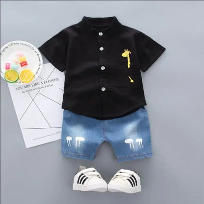 New Summer  Hot Sale Toddler Kids Baby Boys Shirt Cartoon Tops Denim Shorts Pants Outfits Set Baby Clothes