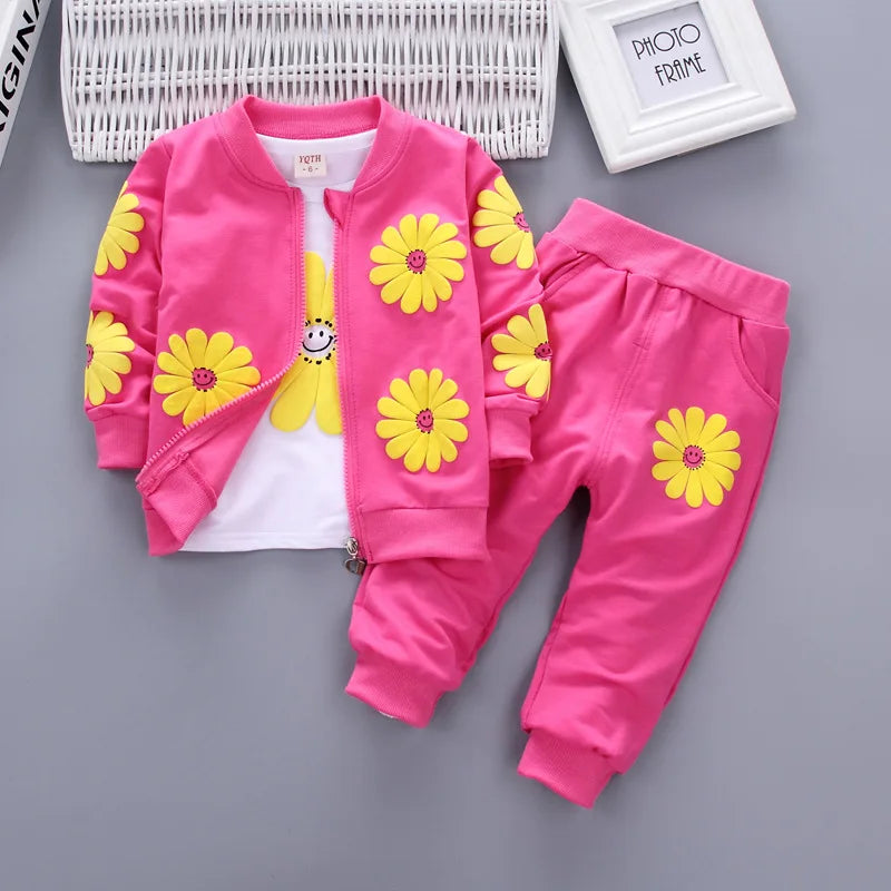 Spring Autumn Baby Girl Cotton Sport Suit Toddler Kids Clothes Children Infant Flowers Hoodies Jacket Trousers Pant Casual Set