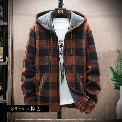 Men's New Winter Plaid Sweater Hooded Cardigan Cold Coat Wool Zipper Jacket Autumn Fleece Warm Clothes Checkered Knit Jumper