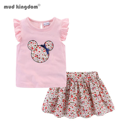 Mudkingdom Cute Girls Clothes Sets Floral 2Pcs Cartoon Kids Ruffle Sleeve Tank Top and Skirt Outfits for Girl Clothing Adorable