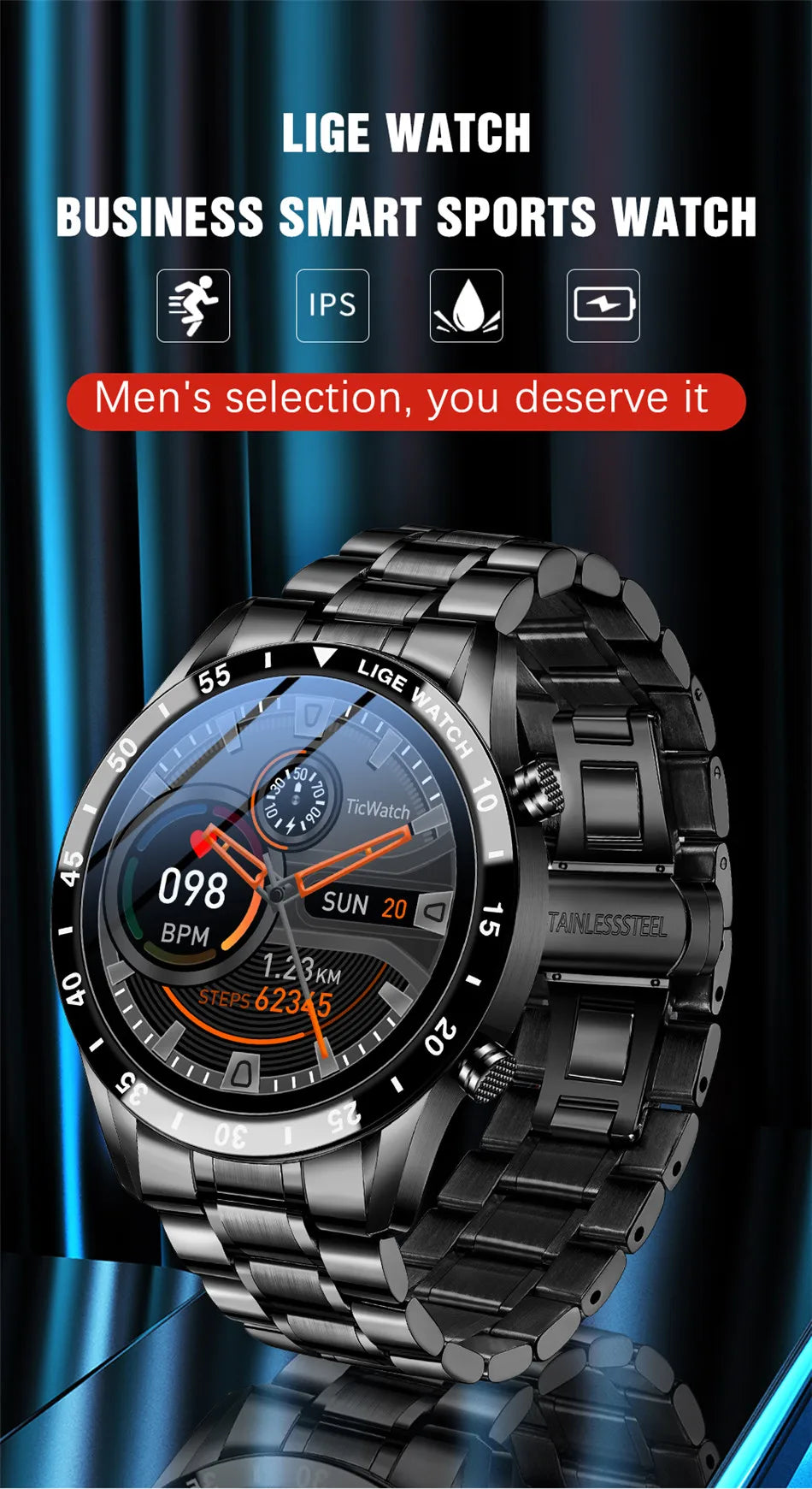 LIGE Luxury Full Circle Touch Screen Men Smart Watch Bluetooth Call Steel Band Waterproof Sports Fitness Watch For Android IOS