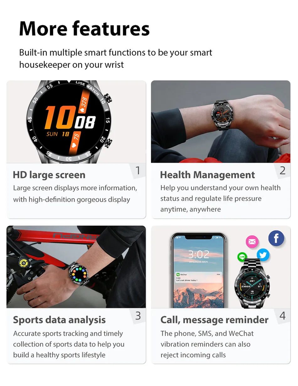 LIGE Luxury Full Circle Touch Screen Men Smart Watch Bluetooth Call Steel Band Waterproof Sports Fitness Watch For Android IOS