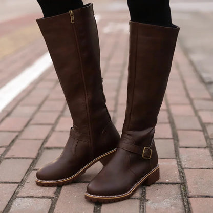 Women Knee High Boots Fashion Low Heels Square Platform Long Boots Brown Black Leather Zip Winter Women Warm Shoes Booties 69m