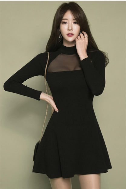 Slim Fit Backless Chest-Flattering Long Sleeve Black Dress Mesh