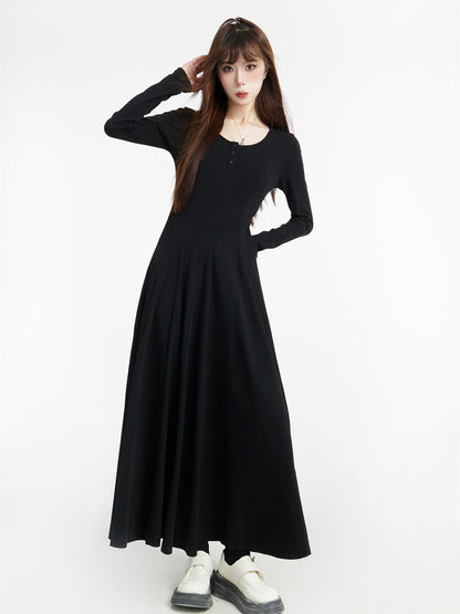 Black Long Sleeves Dress Women's 2025 Spring New Arrival Draping Effect Long Skirt Fancy Elegant U Collar Knitting Skirt