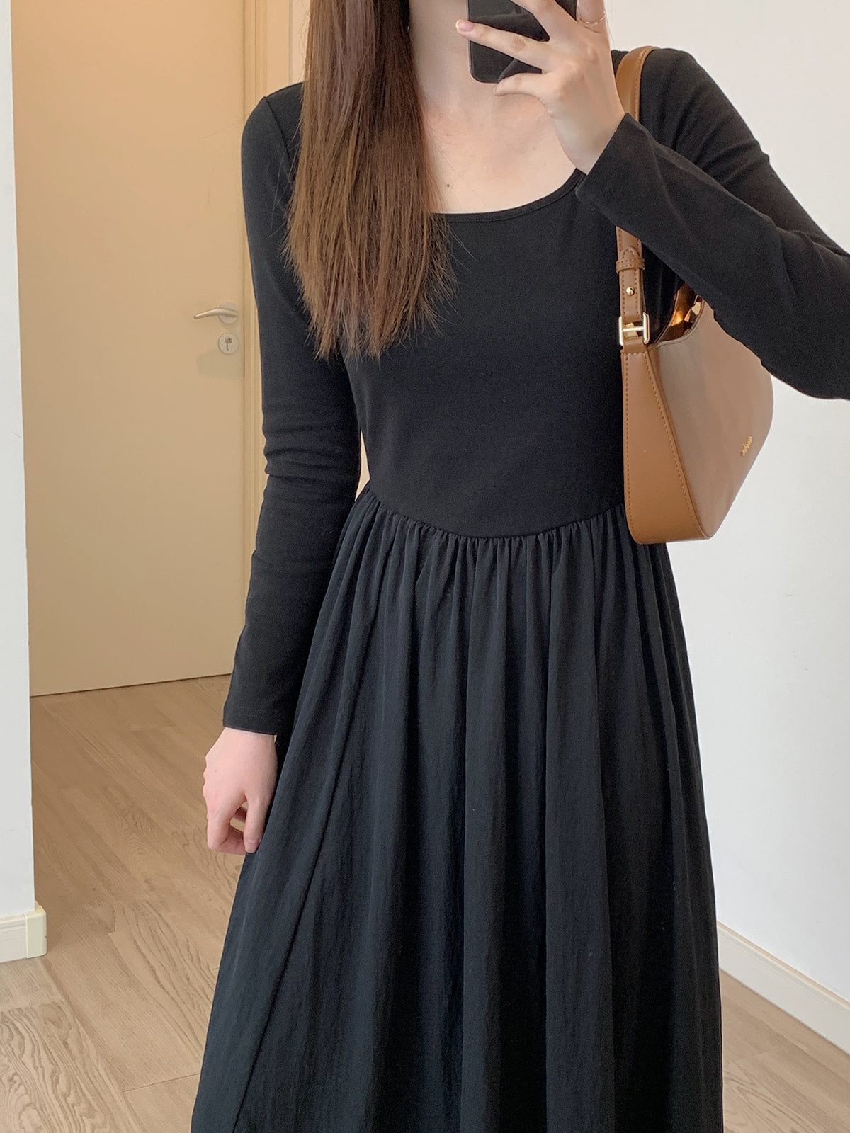 U-Neck Long-Sleeved Early Autumn French A- line Knitted Dress