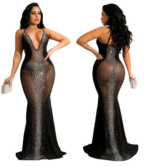 Sexy Hot Diamond Deep V Slim Fit Dress Sexy Rhinestone Deep V-neck Slim-Fit Dress