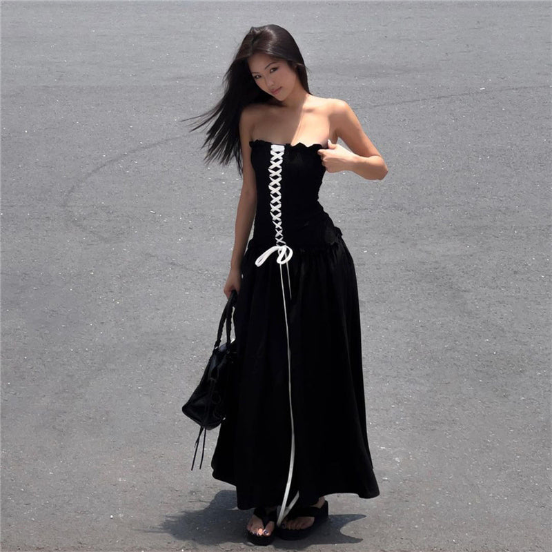 Lace-up Black Dress Cool Atmosphere Slim Fit Tube Top