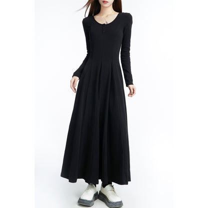 Black Long Sleeves Dress Women's 2025 Spring New Arrival Draping Effect Long Skirt Fancy Elegant U Collar Knitting Skirt