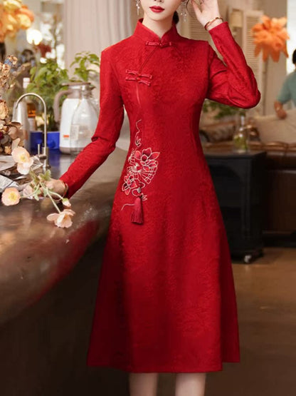 Chinese Style Dress Slimming Long Sleeves Red Cheongsam