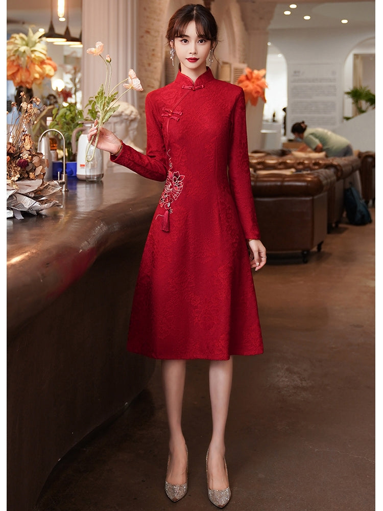 Chinese Style Dress Slimming Long Sleeves Red Cheongsam