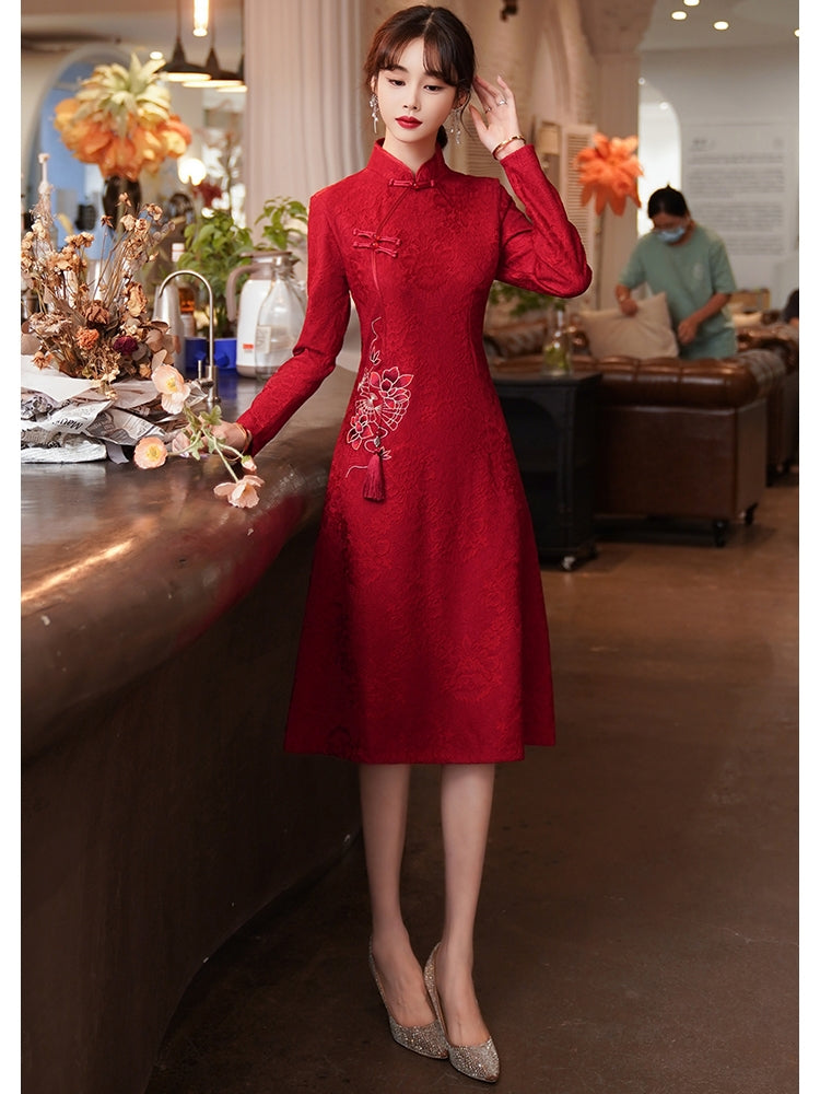 Chinese Style Dress Slimming Long Sleeves Red Cheongsam