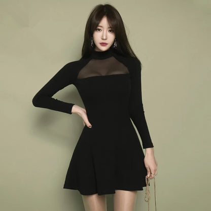 Slim Fit Backless Chest-Flattering Long Sleeve Black Dress Mesh