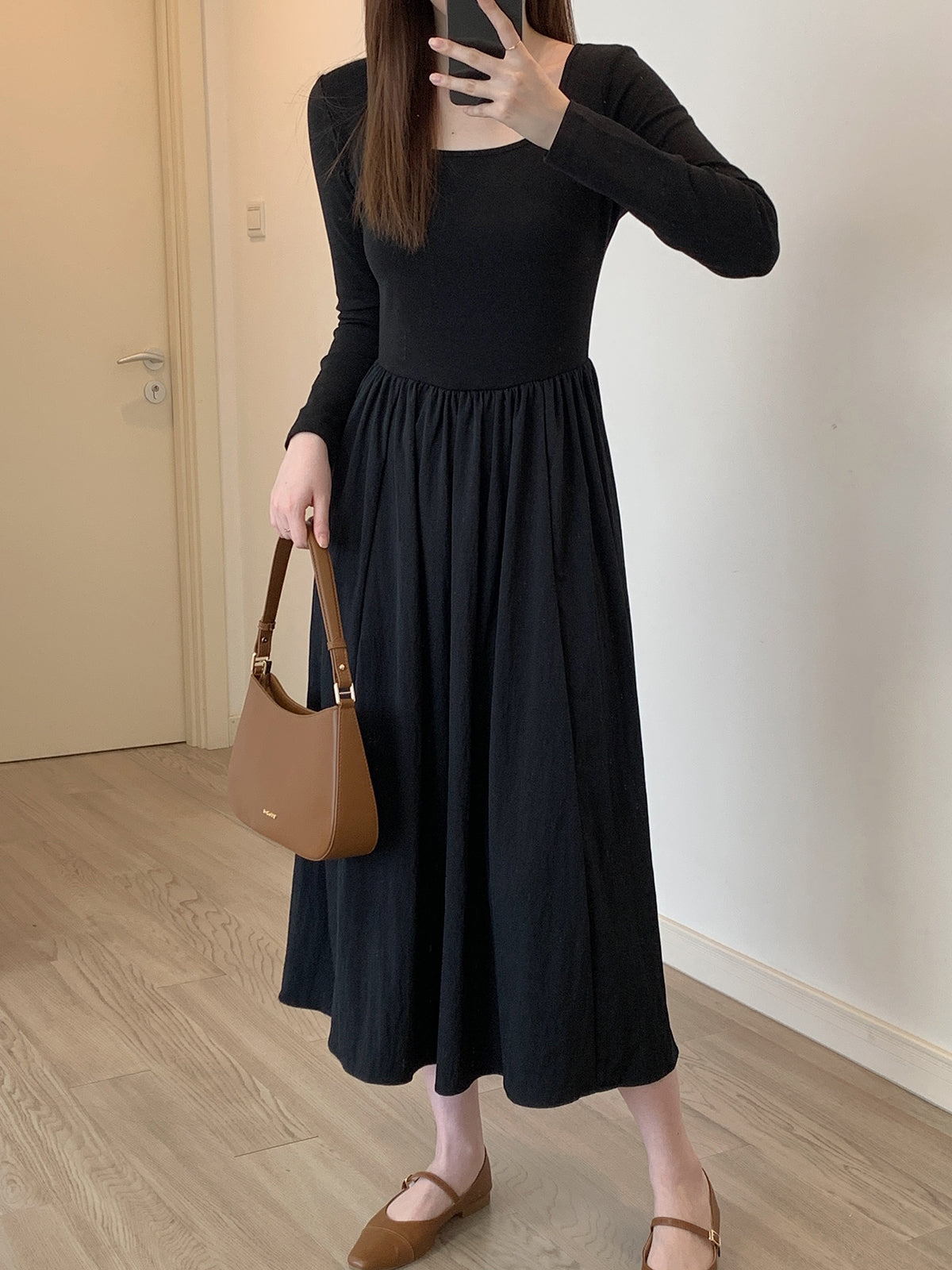 U-Neck Long-Sleeved Early Autumn French A- line Knitted Dress