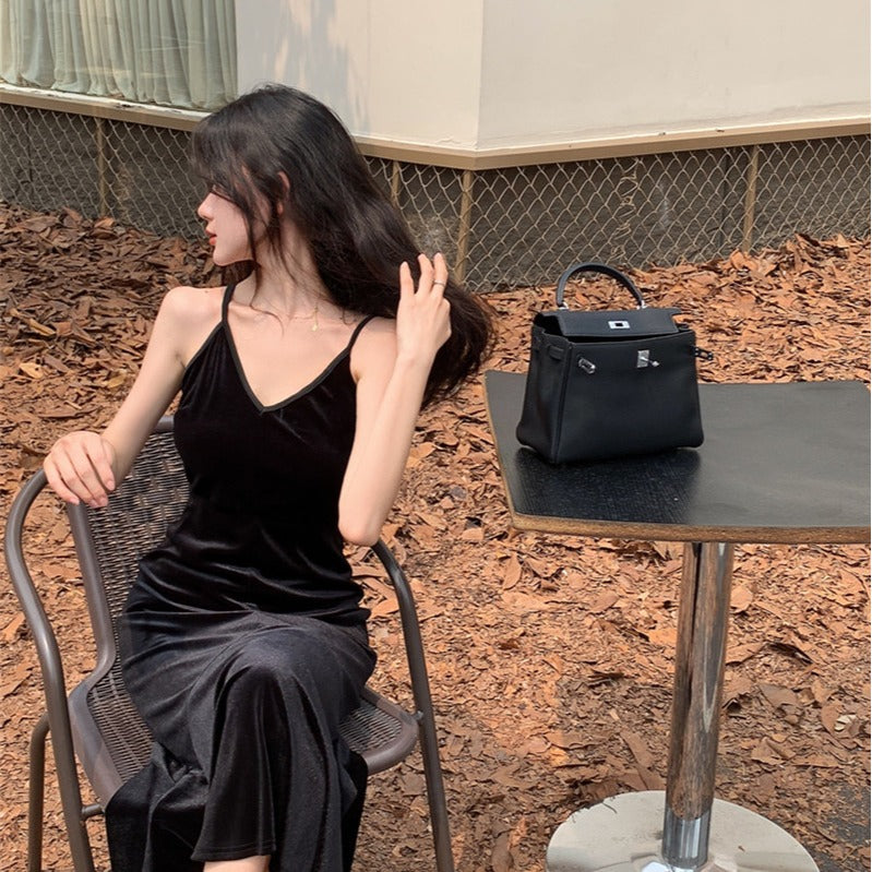 Velvet Dress Sexy Black Open Back V-neck Strap