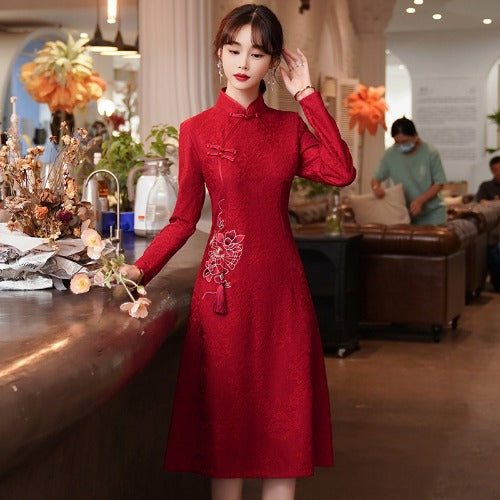 Chinese Style Dress Slimming Long Sleeves Red Cheongsam