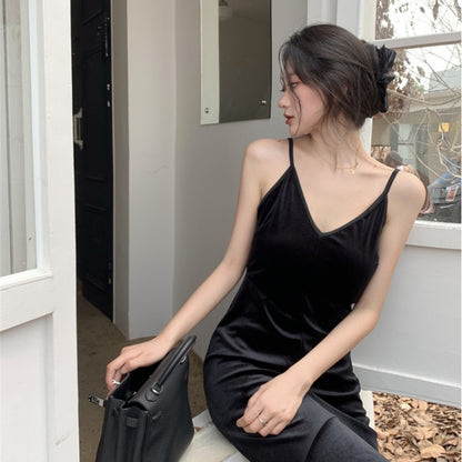 Velvet Dress Sexy Black Open Back V-neck Strap