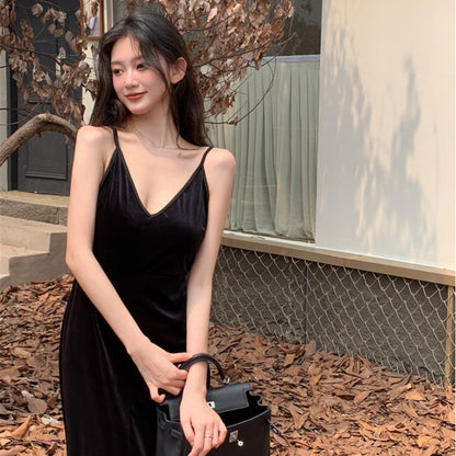 Velvet Dress Sexy Black Open Back V-neck Strap