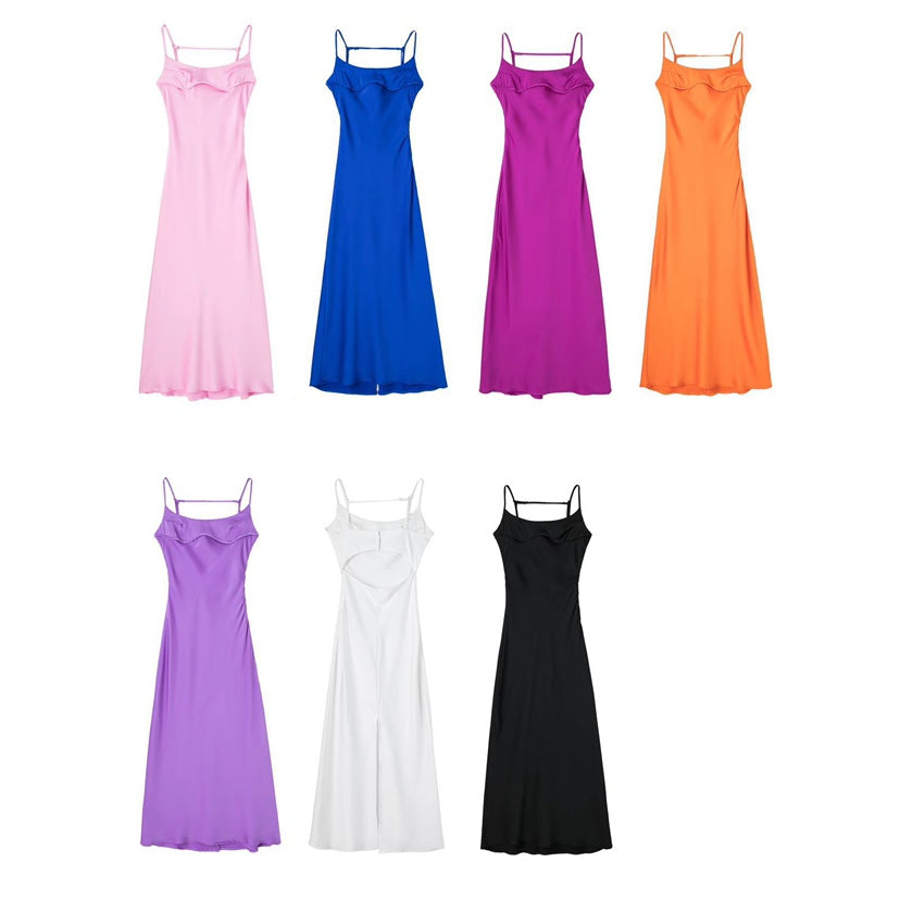 Women Hollow Out Satin Dress Sexy Backless Female Dresses