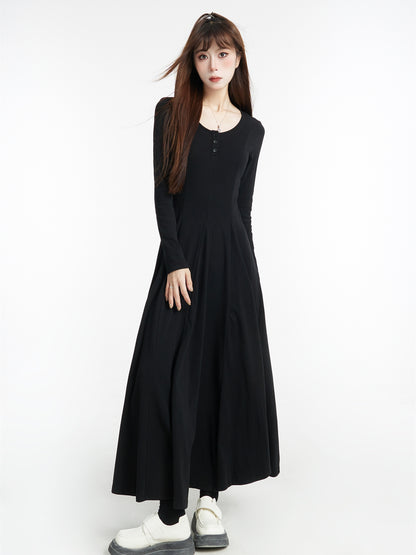 Black Long Sleeves Dress Women's 2025 Spring New Arrival Draping Effect Long Skirt Fancy Elegant U Collar Knitting Skirt