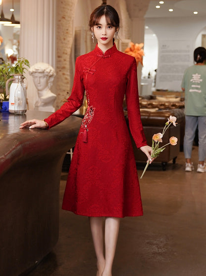 Chinese Style Dress Slimming Long Sleeves Red Cheongsam