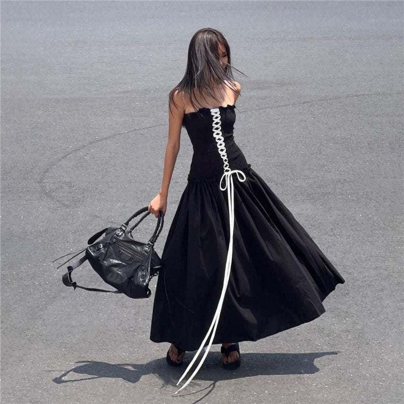 Lace-up Black Dress Cool Atmosphere Slim Fit Tube Top