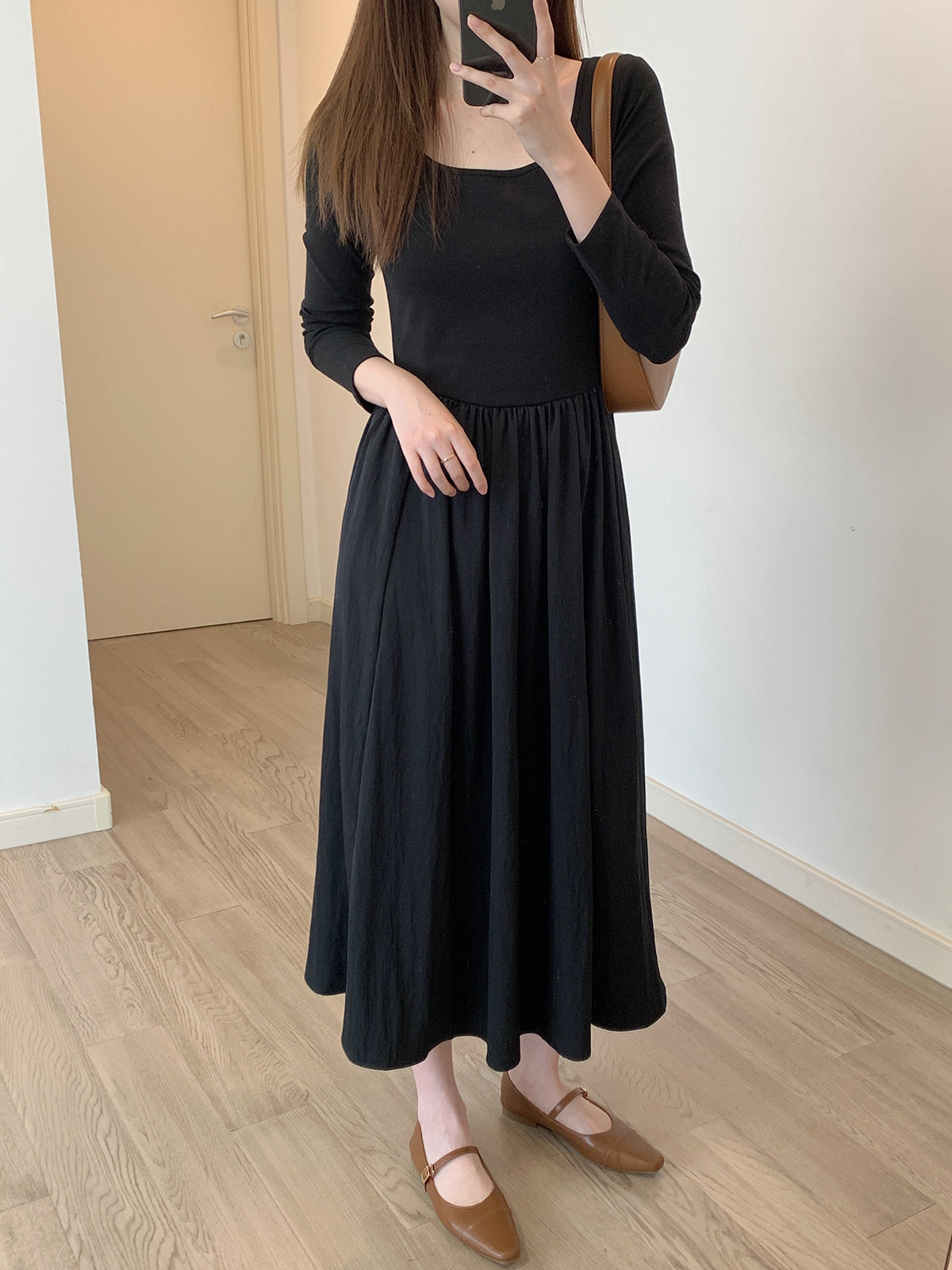 U-Neck Long-Sleeved Early Autumn French A- line Knitted Dress