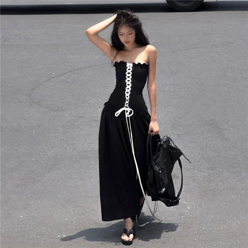 Lace-up Black Dress Cool Atmosphere Slim Fit Tube Top